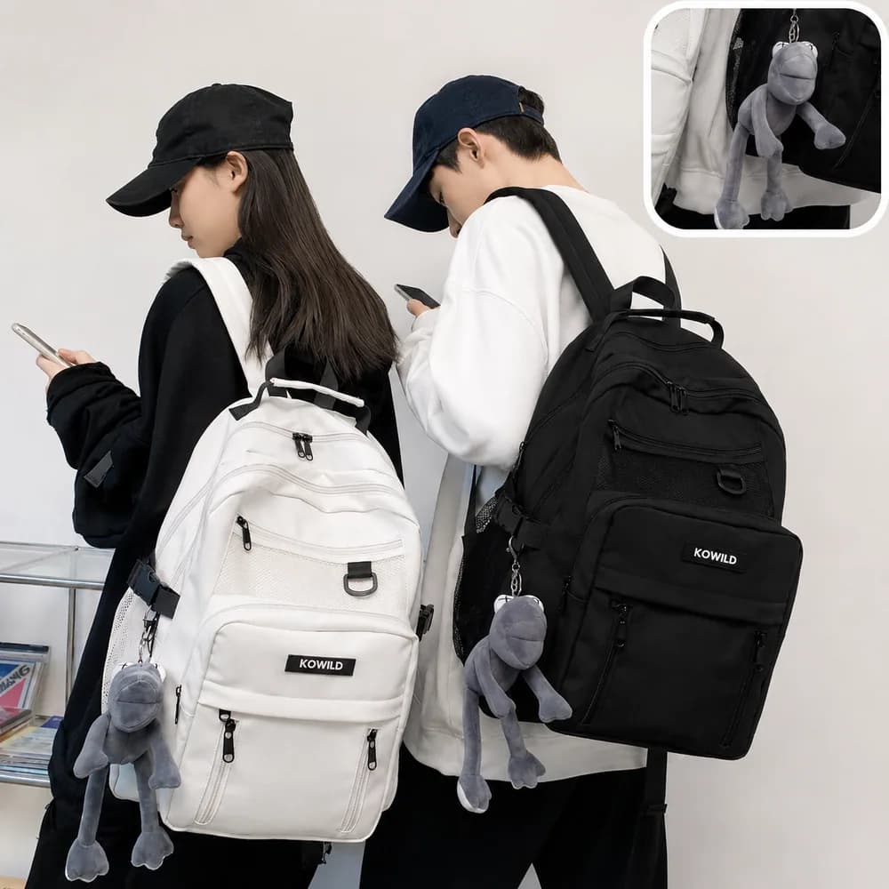 남녀공용 방수 대용량 데일리 백팩 + 개구리 키링 남자 여자 여행용 백팩 멀티포켓 학생백팩 학생 가방 모던 커플 가벼운 빅사이즈 백팩 캐주얼 노트북 배낭 책가방