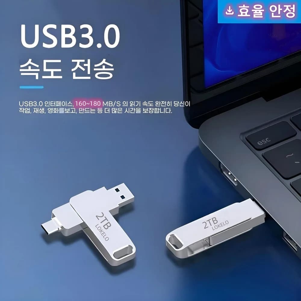 LOKELO <회전 덮개형 방수> 고품질 USB 3.0 2TB 대용량 플래시 실버 usb 메모리 360도 회전식 Type-C 2TB 외장하드 대용량 초고속 휴대용 저장장치