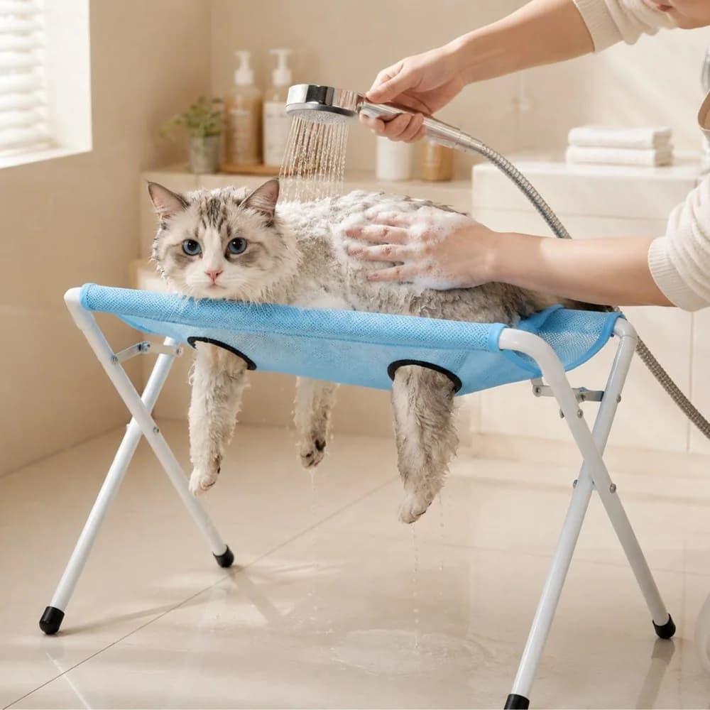 강아지 고양이 미용보조대 미용해먹 거치대 접이식 애견미용대 목욕 거치대 미용 발톱 발톱깎이 해먹 테이블 거치대 의자(긁림 물림 효과 차단 목욕 손톱 정리 시 안전 확보), 파란색, 1개