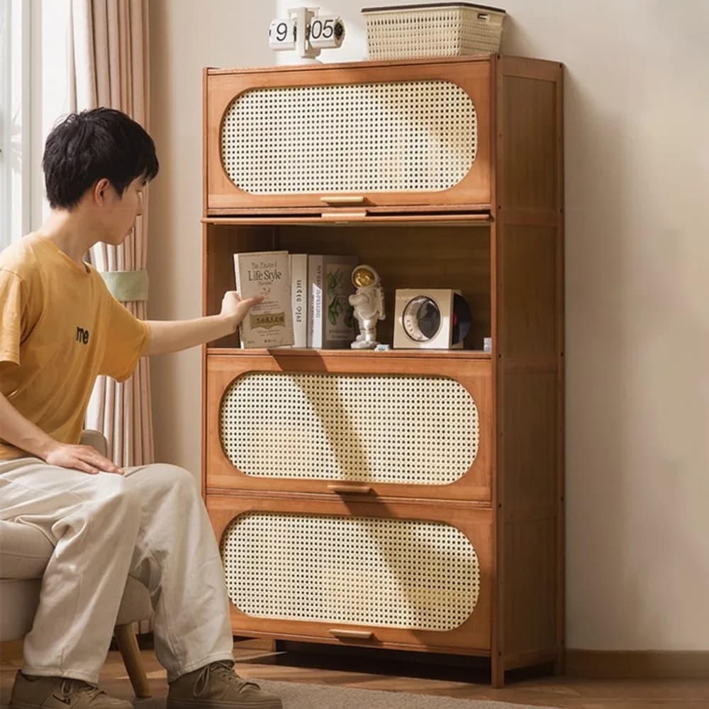 거실 수납장 다용도 선반 수납장 라탄 스타일 슬림 다층 수납장 주방 침실 정리장 80cm