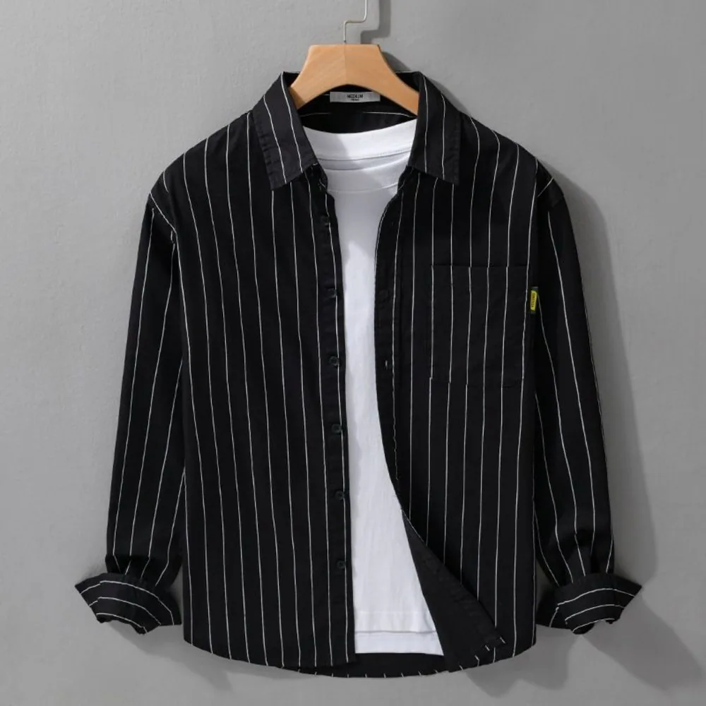 Makone 남성 심플 스트라이프 루즈핏 캐주얼 긴팔 셔츠 데일리룩