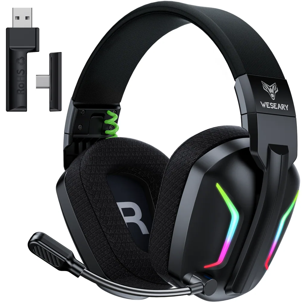 WESEARY 무선 게이밍 헤드셋 가상 7.1채널 듀얼 EQ 모드 초경량 2.4GHz 3D 사운드 노이즈 캔슬링 마이크